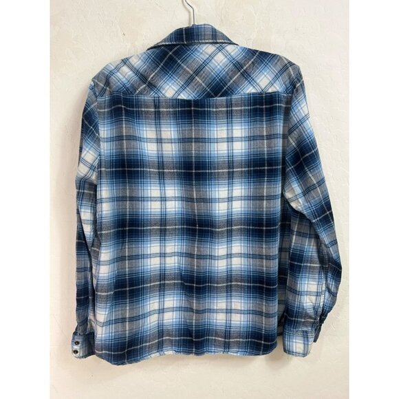 Jachs Girlfriend XL Shades of Blue Plaid Flannel Shirt Pearl Snap Western 100% C - Picture 6 of 8